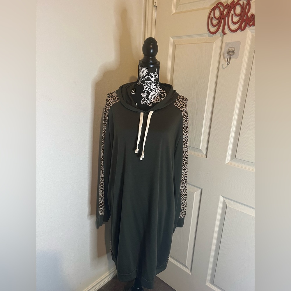 Causal Hooded Olive Green Dress with Animal print sleeves